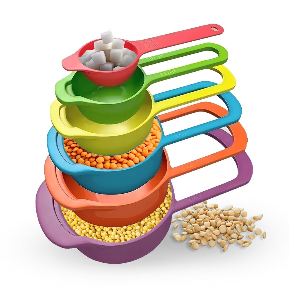 Measuring Cups and Spoons Set, Plastic, Multicolor, 6 Pieces, 250ml to 7.5ml Sizes, Dishwasher Safe