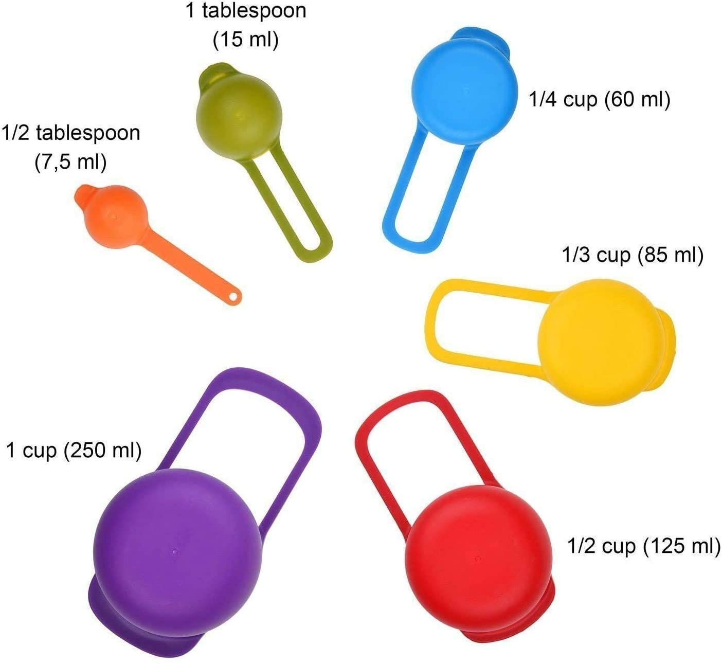 Measuring Cups and Spoons Set, Plastic, Multicolor, 6 Pieces, 250ml to 7.5ml Sizes, Dishwasher Safe