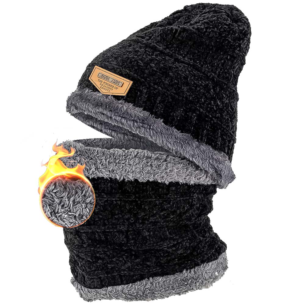 ZIBELL Winter Beanie Hat Neck Warmer Woolen Scarf Set 2 Pcs Fleece Lined Fur Cozy Thick Warm Beanies Hat Knit Skull Cap Neck Warmer for Men Women Christmas Seasonal Gift